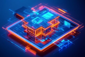 Poster - Futuristic Digital Architecture in Neon and Blue Hues on a Circuit Board