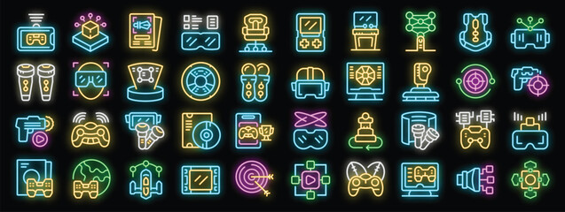 Poster - People playing games using virtual augmented reality neon icons set, vector illustration