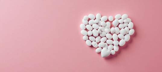 White Pills Arranged in Heart Shape on Pink Background