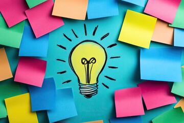 Colorful sticky notes surround a lightbulb. Illustrates creativity and brainstorming, perfect for marketing, business, and education.