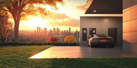 Home Battery. Energy Storage Tech in Garage with Car and City Skyline on Sunny Day