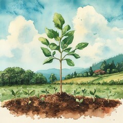 The mustard seed. Watercolor illustration of  a little sprout growing from the ground and a big tree in the background, Generative AI