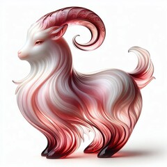 Glass Goat figurine with flowing design, soft pink and red or blue hues, intricate fur details, glowing eyes, glossy surface reflecting light, on a white background