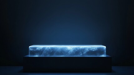 Poster - A large, transparent crystal block rests on a pedestal in a darkened gallery, illuminated by soft blue lighting, creating a serene and captivating atmosphere for evening visitors to explore.