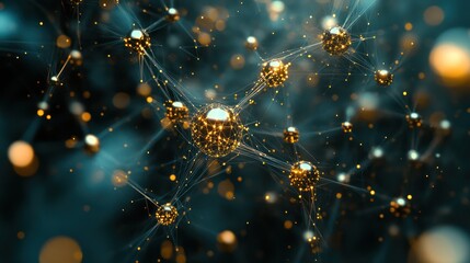 Wall Mural - Abstract 3D rendering of a golden network with glowing nodes against a dark blue background.