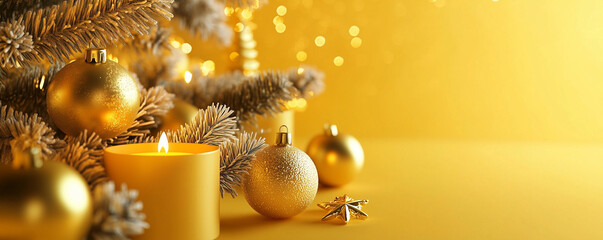 New Year and Christmas decorations, candles, balls and xmas tree on yellow background, generated ai
