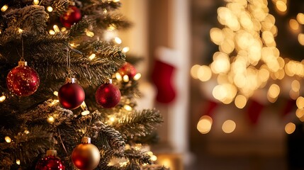 Christmas tree with soft, twinkling lights out of focus, creating a festive backdrop.