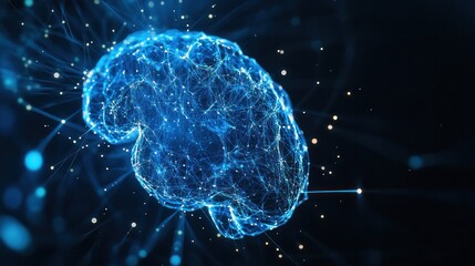 Poster - view of a digital brain, intricately designed with vibrant blue neural connection lines and shining dots