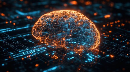Poster - view of a digital brain, intricately designed with vibrant blue neural connection lines and shining dots