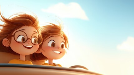 Two animated kids smile widely as they enjoy a ride under a clear sky, capturing youthful exuberance and fun in the bright and whimsical scene of an adventure.