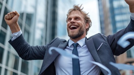 A triumphant businessman in a suit raises his arms in celebration outdoors, surrounded by modern architecture, symbolizing success and achievement in the corporate world.