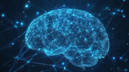 Poster - digital representation of a brain composed of intricate blue neural connection