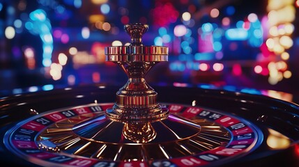 Roulette wheel spinning in busy casino gambling hall at night