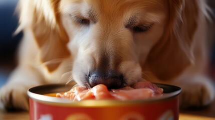 Canned Meat. Adult Dog Eating from Saucer with Carrot. Animal Care Concept