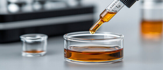 Poster - Close up of dropper dispensing liquid into glass container, showcasing precision of blending process. warm amber color of liquid highlights careful measurement involved in this scientific procedure
