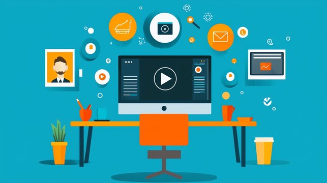 Modern workspace with computer, coffee cups, and decorative elements on a vibrant blue background.