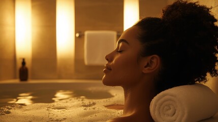 Poster - A woman rests peacefully in a bubble bath, her head supported by a rolled towel, surrounded by warm ambient lighting. The calm atmosphere creates a perfect environment for relaxation and self-care.