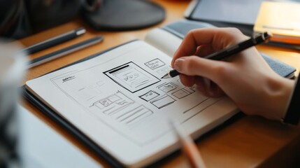 A Hand Drawing a Website Design on a Notebook