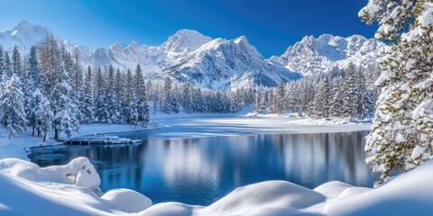 A serene winter landscape featuring snow-covered mountains, a frozen lake, and pine trees dusted with snow under a clear blue sky.