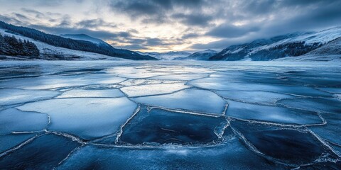 A close-up of cracked ice on a frozen lake, with frosty patterns forming across the surface under a cloudy winter sky.