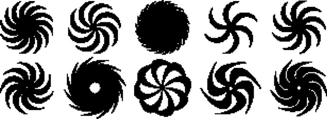Poster - Сollection of abstract black pixel swirl. Designs resemble pinwheels, propellers, vortexes, evoking motion, energy, and flow. For use in logos, icons, decorations, backgrounds. Y2K elements 