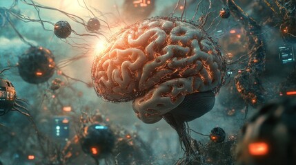 Poster - artistic representation of a brain merging with robotic elements,