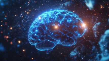 Poster - digital representation of a brain composed of intricate blue neural connection