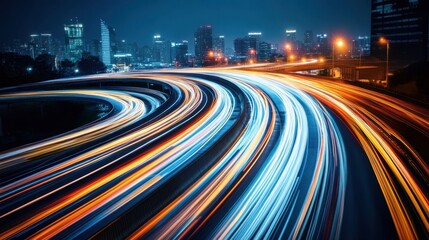 Poster - Dynamic abstract blue lines flow across a vibrant cityscape, creating an engaging visual for presentations and digital design that emphasizes modern technology and urban life.