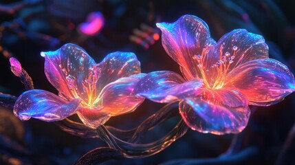 Poster - Experience a mesmerizing floral sculpture with holographic flowers that shift colors, accented by bioluminescent highlights, set against a dark, dreamy backdrop.