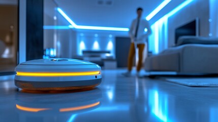 Poster - Autonomous assistant cleaning a smart home with futuristic technology in the background Stock Photo with side copy space