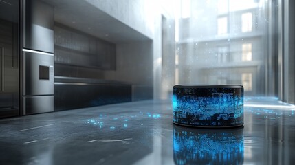 Poster - Autonomous assistant cleaning a smart home with futuristic technology in the background Stock Photo with side copy space
