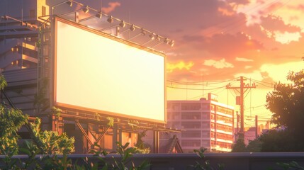 Wall Mural - Urban Sunset with Empty Billboard in Cityscape