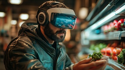 Poster - Humanoid assistant guiding a human through a virtual shopping experience on a colorful screen Stock Photo with side copy space