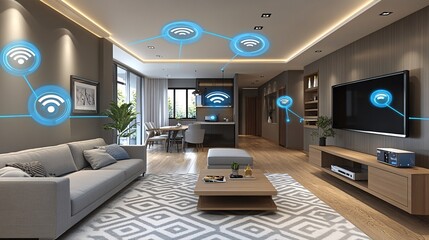 Aufkleber - Autonomous assistant adjusting lighting settings in a smart home with bright decor Stock Photo with side copy space