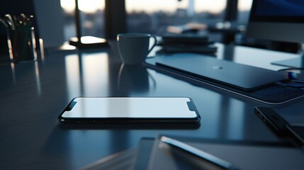 Poster - Modern Workspace with Smartphone on Table Surface