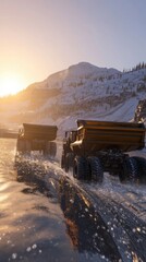 Massive Trucks Transporting Loads in Winter Landscape