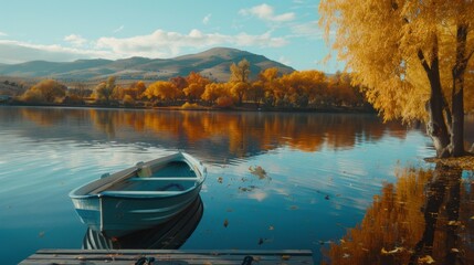 Poster - Serene Autumn Landscape with Boat on Calm Water