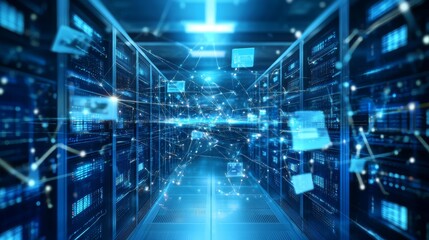 Poster - Data processing and storage center featuring advanced server room and supercomputer technology for efficient information management and processing