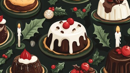 Seamless pattern of Christmas pudding, fruitcake, and festive desserts on a holiday table adorned with holly and candles, evoking warmth and tradition