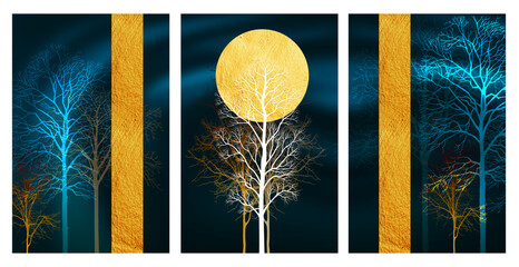 3d wall poster art wallpaper, night landscape with dark golden moon, trees, lines in dark blue black background	
