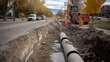 © TensorSpark - Construction site with stormwater pipes and workers, illustrating urban drainage systems.