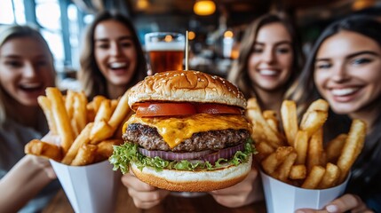 Poster - Cheeseburger oozing with flavor enjoyed by a group of friends in a lively setting Stock Photo with side copy space
