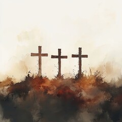 The three crosses on Golgotha. Crosses painted in watercolor on neutral background, Generative AI