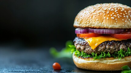 Poster - Tasty burger stacked high with toppings bringing happiness to a lively gathering Stock Photo with side copy space