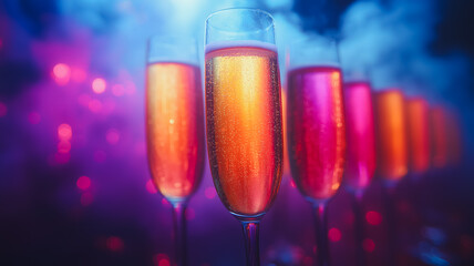 A row of champagne glasses with a purple background. The glasses are filled with a bubbly drink