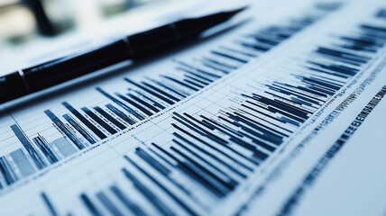 Poster - A pen is on top of a sheet of paper with a lot of numbers and lines. The pen is black and the paper is white