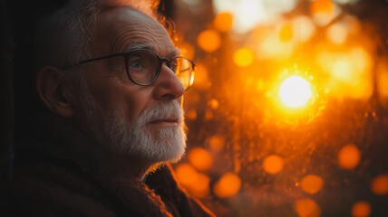 Poster - A man with glasses is looking out the window at the sun. Concept of loneliness and contemplation