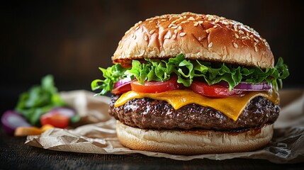Aufkleber - Sinking teeth into a delicious hamburger with bright and fresh ingredients in a busy restaurant Stock Photo with side copy space