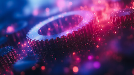 Poster - A close up of a gear with a purple and pink background. The gear is surrounded by a lot of sparkles, giving it a futuristic and otherworldly appearance