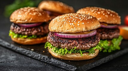 Poster - Lively street food scene where people savor freshly made hamburgers in a colorful setting Stock Photo with side copy space